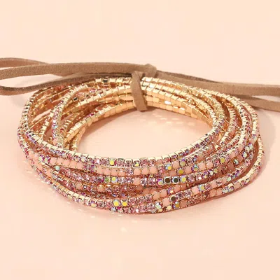 Fashnzfab 12pcs - Ribbon Colorful Rhinestone Layered Stretch Bracelets In Red