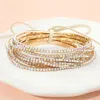 Fashnzfab 12pcs - Ribbon Colorful Rhinestone Layered Stretch Bracelets Ab, Gold In Multi