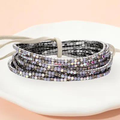 Fashnzfab 12pcs - Ribbon Colorful Rhinestone Layered Stretch Bracelets Ab, Gray, Hematite In Multi