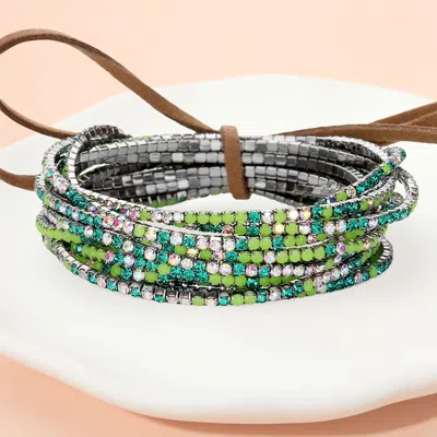 Fashnzfab 12pcs - Ribbon Colorful Rhinestone Layered Stretch Bracelets Ab, Green, Hematite In Multi