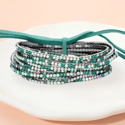 Fashnzfab 12pcs - Ribbon Colorful Rhinestone Layered Stretch Bracelets Ab, Hematite, Teal In Multi