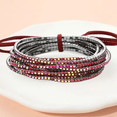 Fashnzfab 12pcs - Ribbon Colorful Rhinestone Layered Stretch Bracelets Ab, Red In Multi