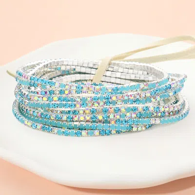 Fashnzfab 12pcs - Ribbon Colorful Rhinestone Layered Stretch Bracelets Aqua, Silver In Multi