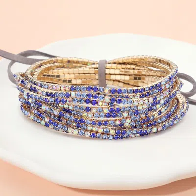 Fashnzfab 12pcs - Ribbon Colorful Rhinestone Layered Stretch Bracelets Blue