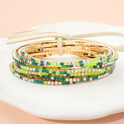 Fashnzfab 12pcs - Ribbon Colorful Rhinestone Layered Stretch Bracelets Emerald, Gold In Green