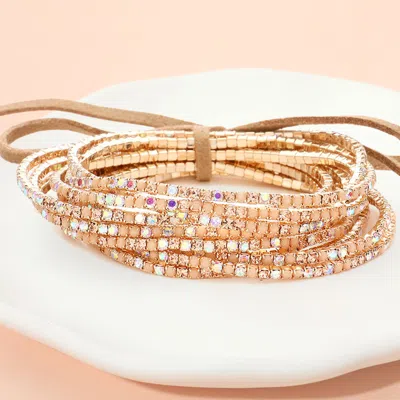 Fashnzfab 12pcs - Ribbon Colorful Rhinestone Layered Stretch Bracelets In Gold
