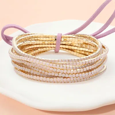 Fashnzfab 12pcs - Ribbon Colorful Rhinestone Layered Stretch Bracelets In Gold
