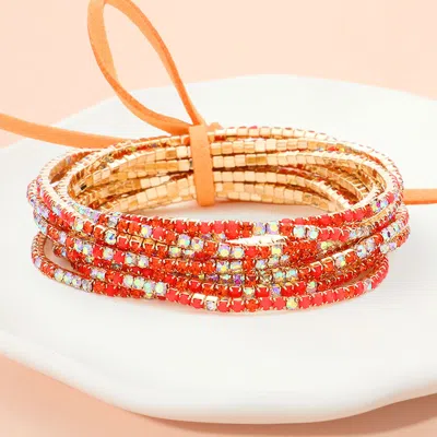 Fashnzfab 12pcs - Ribbon Colorful Rhinestone Layered Stretch Bracelets Gold, Orange In Multi