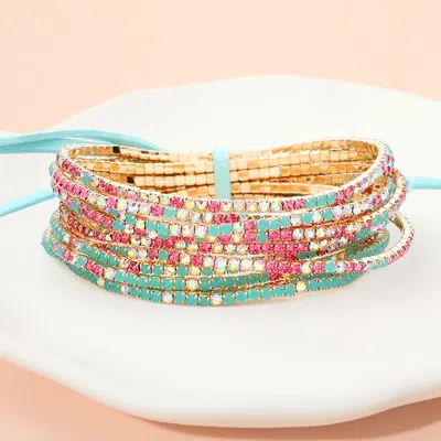 Fashnzfab 12pcs - Ribbon Colorful Rhinestone Layered Stretch Bracelets Gold, Pink, Turquoise In Multi