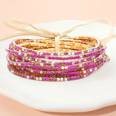 Fashnzfab 12pcs - Ribbon Colorful Rhinestone Layered Stretch Bracelets Gold, Purple In Multi