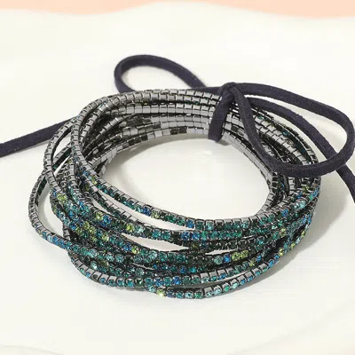 Fashnzfab 12pcs - Ribbon Colorful Rhinestone Layered Stretch Bracelets In Green