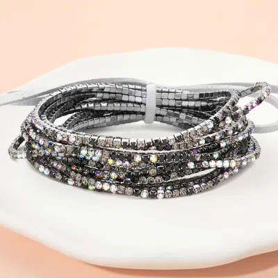 Fashnzfab 12pcs - Ribbon Colorful Rhinestone Layered Stretch Bracelets In Metallic