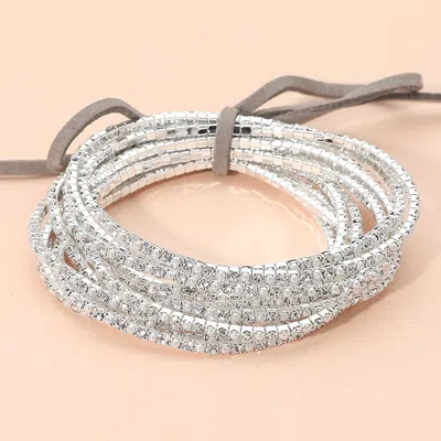 Fashnzfab 12pcs - Ribbon Colorful Rhinestone Layered Stretch Bracelets In Neutral