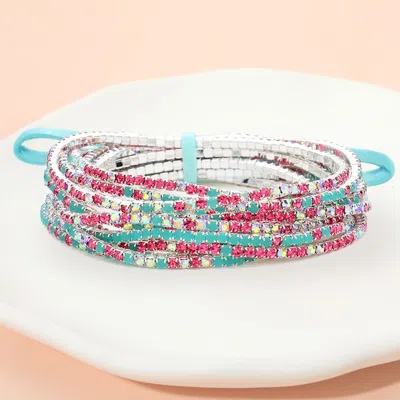 Fashnzfab 12pcs - Ribbon Colorful Rhinestone Layered Stretch Bracelets Pink, Silver, Turquoise In Multi
