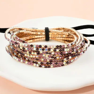 Fashnzfab 12pcs - Ribbon Colorful Rhinestone Layered Stretch Bracelets Purple
