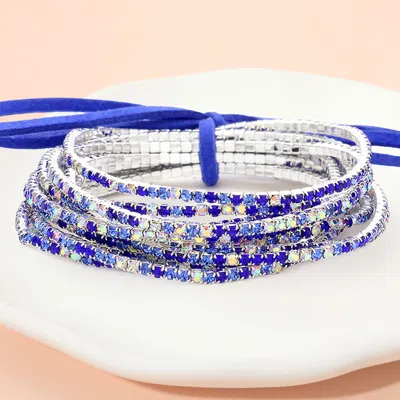 Fashnzfab 12pcs - Ribbon Colorful Rhinestone Layered Stretch Bracelets Royal Blue, Silver