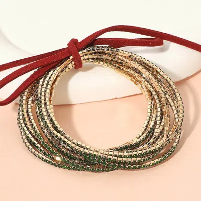 Fashnzfab 12pcs - Ribbon Colorful Rhinestone Layered Stretch Bracelets In Sand