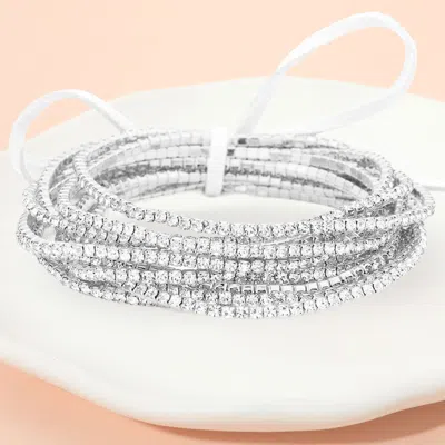 Fashnzfab 12pcs - Ribbon Colorful Rhinestone Layered Stretch Bracelets Silver