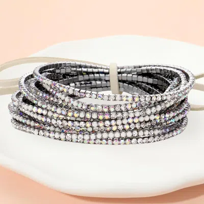 Fashnzfab 12pcs - Ribbon Colorful Rhinestone Layered Stretch Bracelets In White