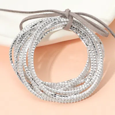 Fashnzfab 12pcs - Ribbon Pearl Rhinestone Layered Stretch Bracelets In Silver