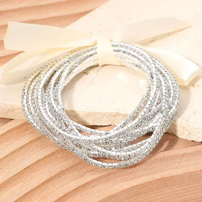 Fashnzfab 12pcs - Ribbon Slim Rhinestone Stretch Multi Layered Bracelet - Clear, Silver