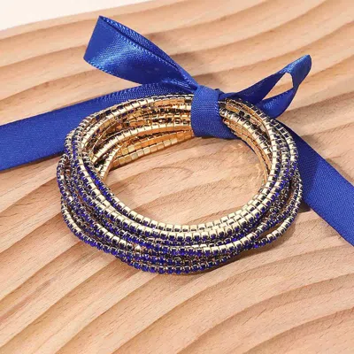 Fashnzfab 12pcs - Ribbon Slim Rhinestone Stretch Multi Layered Bracelet - Gold, Sapphire