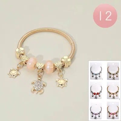 Fashnzfab 12pcs - Sea Turtle Flower Heart Charm Beaded Stretch Bracelets In Gold