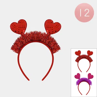 Fashnzfab 12pcs - Sequin Double Heart Tinsel Decorative Headbands In Red