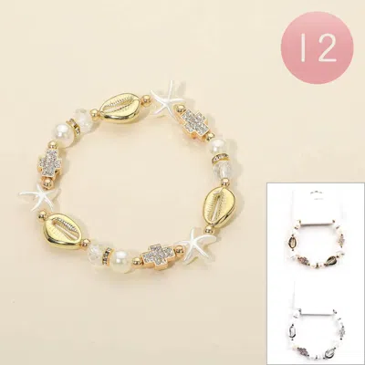 Fashnzfab 12pcs - Shell Cross Pearl Starfish Beaded Stretch Bracelets In Gold
