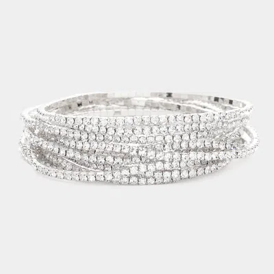 Fashnzfab 12pcs - Stackable Rhinestone Stretch Evening Bracelets In Silver