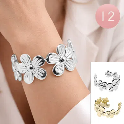 Fashnzfab 12pcs - Textured Metal Flower Link Cuff Bracelets In Silver