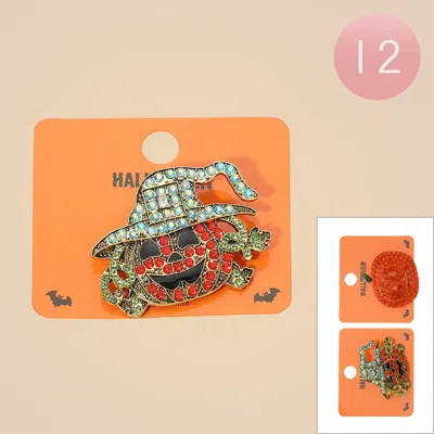Fashnzfab 12pcs - Bling Studded Halloween Pumpkin Pin Brooches In Metallic