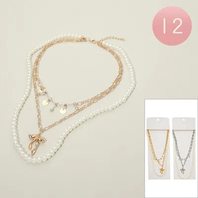 Fashnzfab 12pcs - Bow Pendant Accent Disc Charm Station Pearl Beaded Layered Chain Necklaces In Gold
