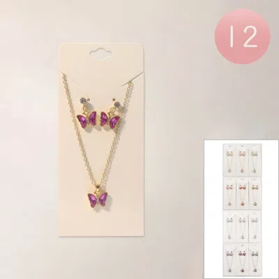 Fashnzfab 12pcs - Butterfly Pendant Necklace Earrings Set In Multi
