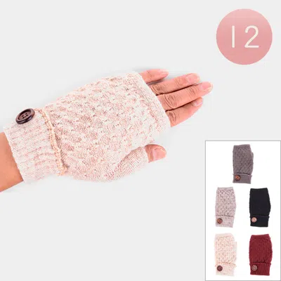 Fashnzfab 12pcs - Cable Knit Button Detail Fur Lining Fingerless Gloves In Multi