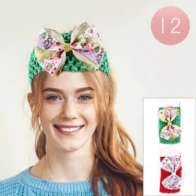Fashnzfab 12pcs - Christmas Tree Snowman Printed Bow Accented Headbands In Green