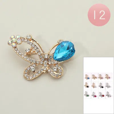 Fashnzfab 12pcs - Crystal Teardrop Accent Rhinestone Pave Butterfly Pin Brooches In Silver