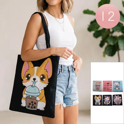 Fashnzfab 12pcs - Cute Cat Print Shoulder Tote Bags In Multi