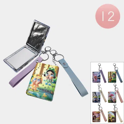Fashnzfab 12pcs - Cute Illustrated Strap Cosmetic Mirrors Keychains In Pink