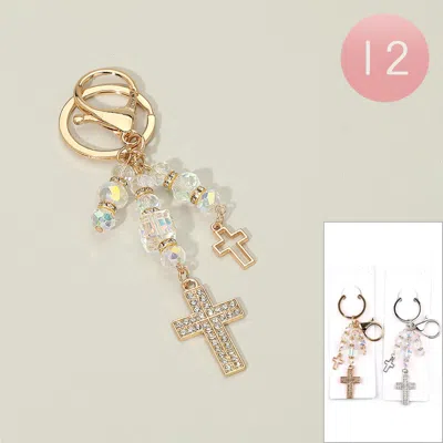 Fashnzfab 12pcs - Double Rhinestone Cross Charm Drop Bag Charm Keychains In Multi