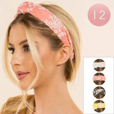 Fashnzfab 12pcs - Embroidered Knot Headbands 1.5" H In Multi