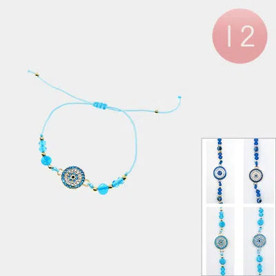 Fashnzfab 12pcs - Evil Eye Charm Accent Adjustable Cinch Pull Tie Bracelets 0.6" H In Multi