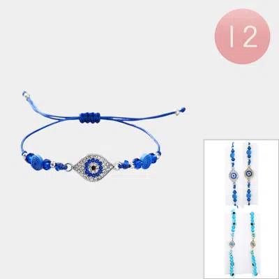 Fashnzfab 12pcs - Evil Eye Charm Accent Adjustable Cinch Pull Tie Bracelets In Blue