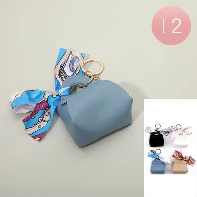 Fashnzfab 12pcs - Fabric Scarf Bow Accent Faux Leather Mini Coin Purse Keychains 5.6" L, 3" X 2.75" X 1.5" In Blue