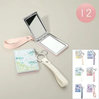 Fashnzfab 12pcs - Floating Glitter Bow Floral Printed Cosmetic Mirrors Keychains In Multi