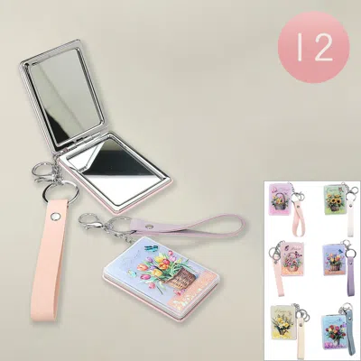 Fashnzfab 12pcs - Floating Glitter Flower Butterfly Printed Cosmetic Mirrors Keychains 2.4" X 3.25" In Multi