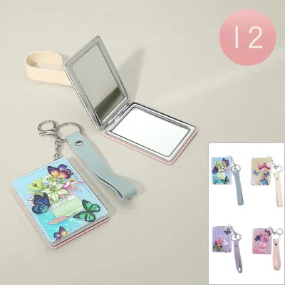 Fashnzfab 12pcs - Floating Glitter Flower Butterfly Printed Cosmetic Mirrors Keychains In Multi