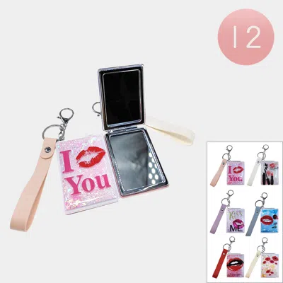 Fashnzfab 12pcs - Floating Glitter Love Quote Lips Printed Cosmetic Mirrors Keychains In Multi