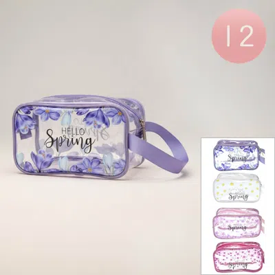 Fashnzfab 12pcs - Hello Spring Message Flower Pattern Print Clear Cosmetic Makeup Travel Organizer Pouch Bags In Multi