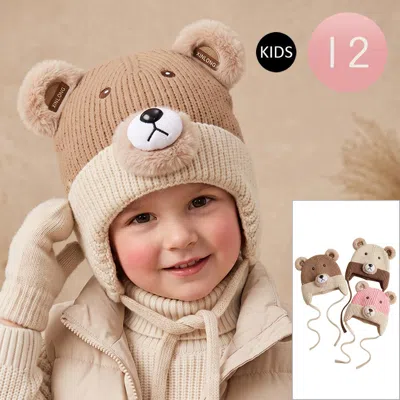 Fashnzfab 12pcs - Kids Bear Ear Flaps Knit Winter Beanie Hat In Multi